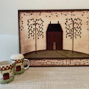 Primitive Art Wood Plaque signed K.Klassen + Thompson Pottery creamer-sugar set